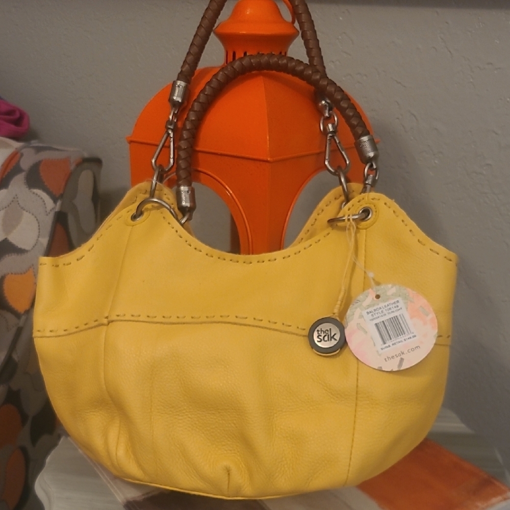The Sak Yellow Leather Shoulder Bag with Brown Handles
